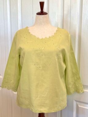 LINO U.S.A. 100% Linen Embroidered Scalloped Tunic Blouse Lime Green XL